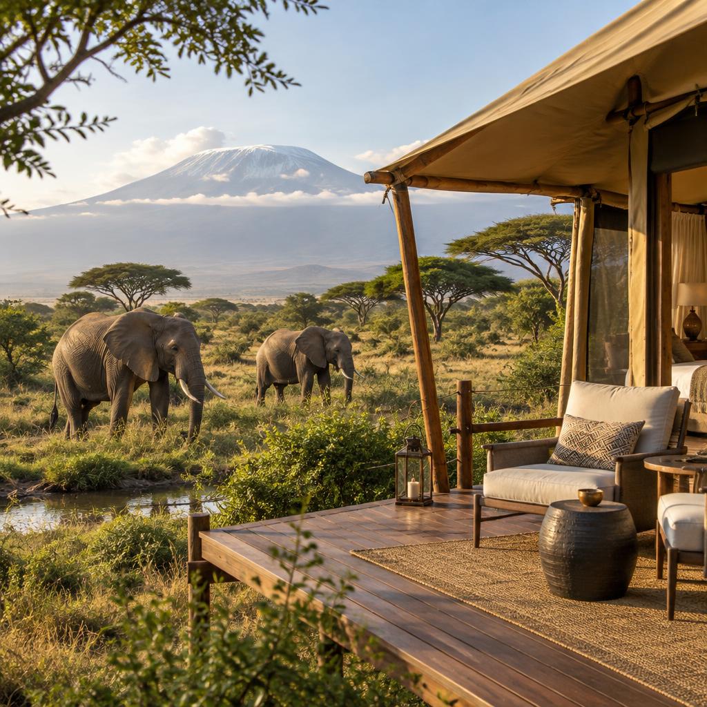Elephants beside an intimate safari lodge